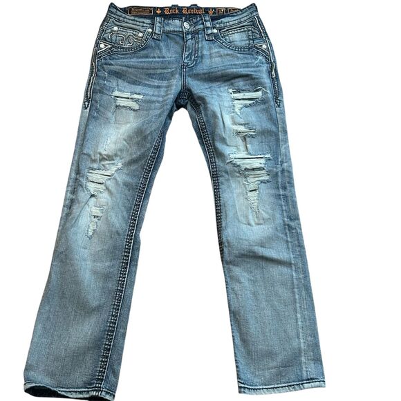 Rock Revival Fermin Jeans Mens 34x31 Blue Denin Distressed Leather Patch Stitch - Picture 2 of 16